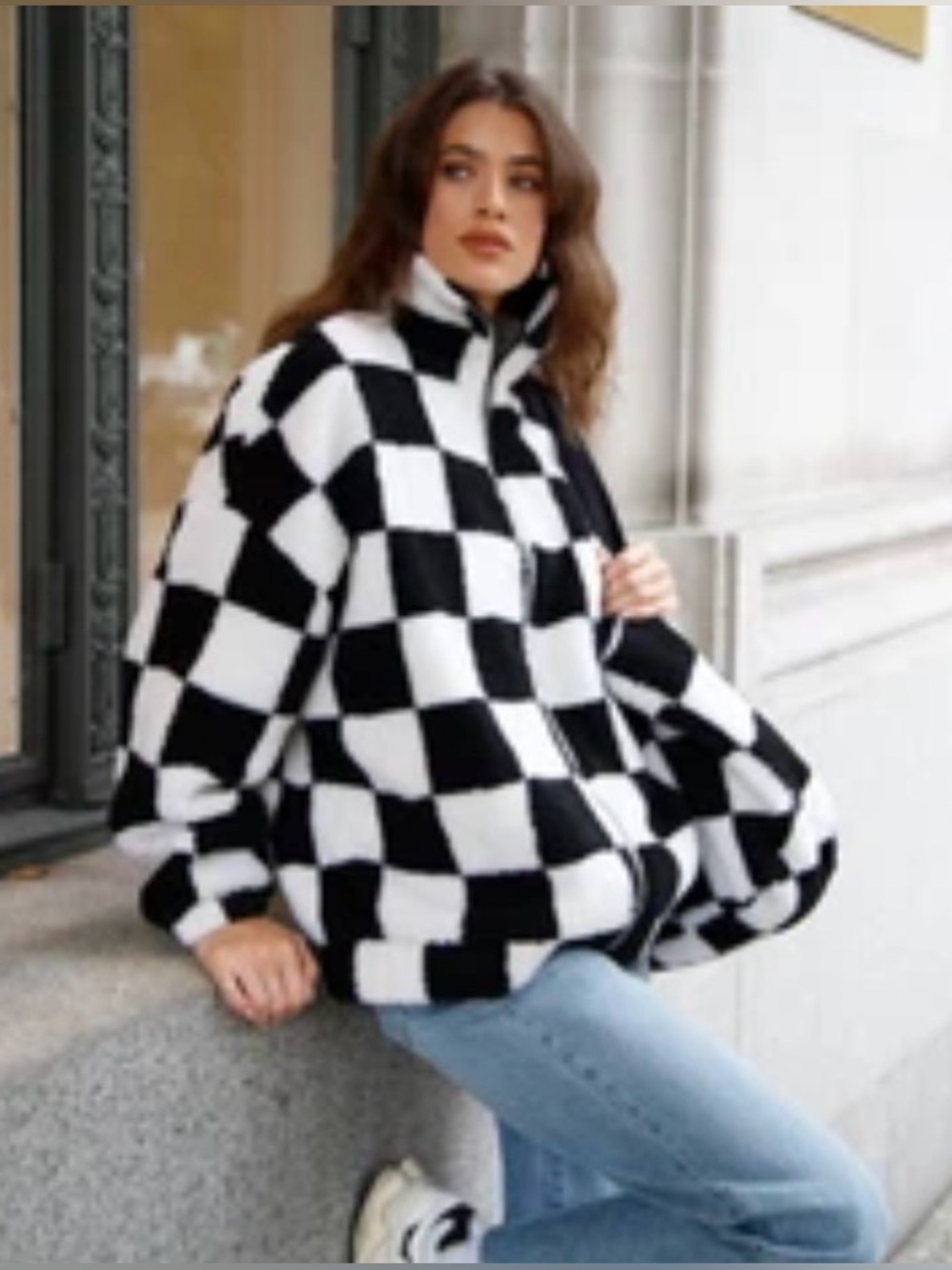 Checkerboard Zip-Up Women’s Sherpa Jacket - Black & White